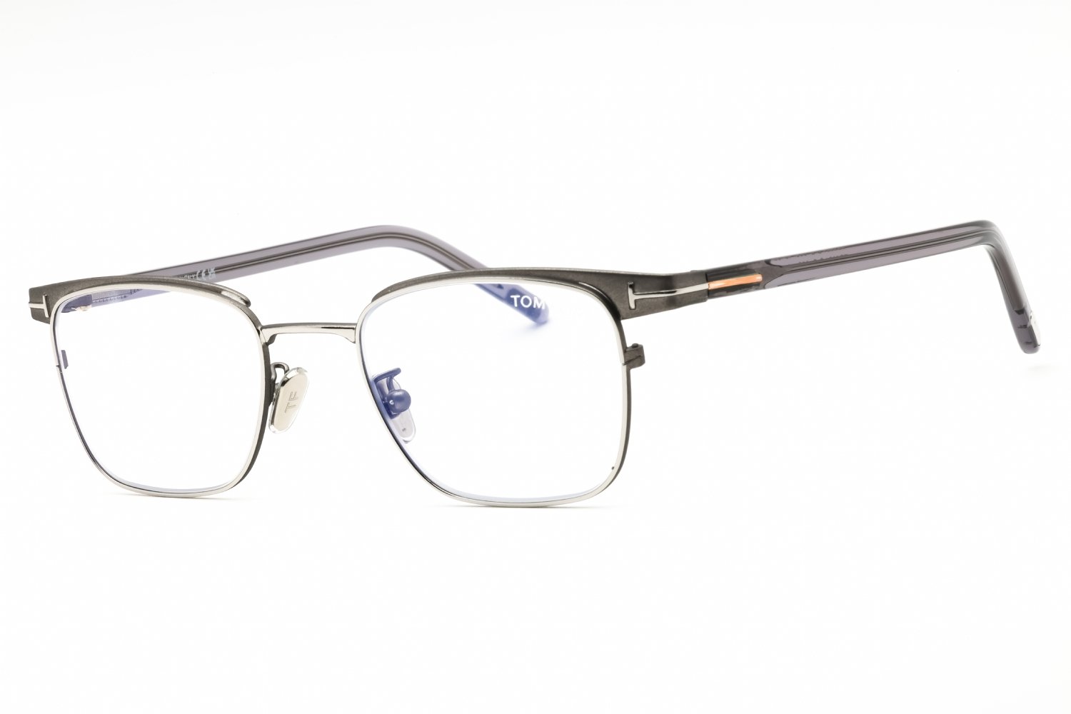 Tom Ford FT5854-D-B shiny gunmetal/clear/blue-light block lens 008 49X20X145